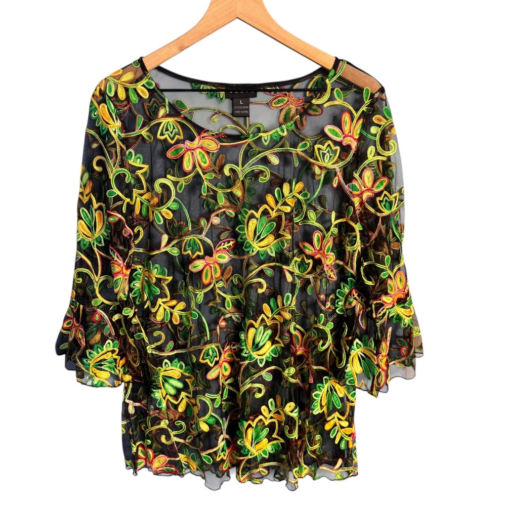 Weavz Womens Floral Embroidered Sheer Mesh Bell Sleeve Blouse Top Black Large